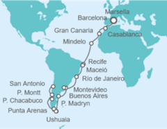 Itinerario del Crucero desde Marsella (Francia) a San Antonio (Santiago de Chile) - Costa Cruceros