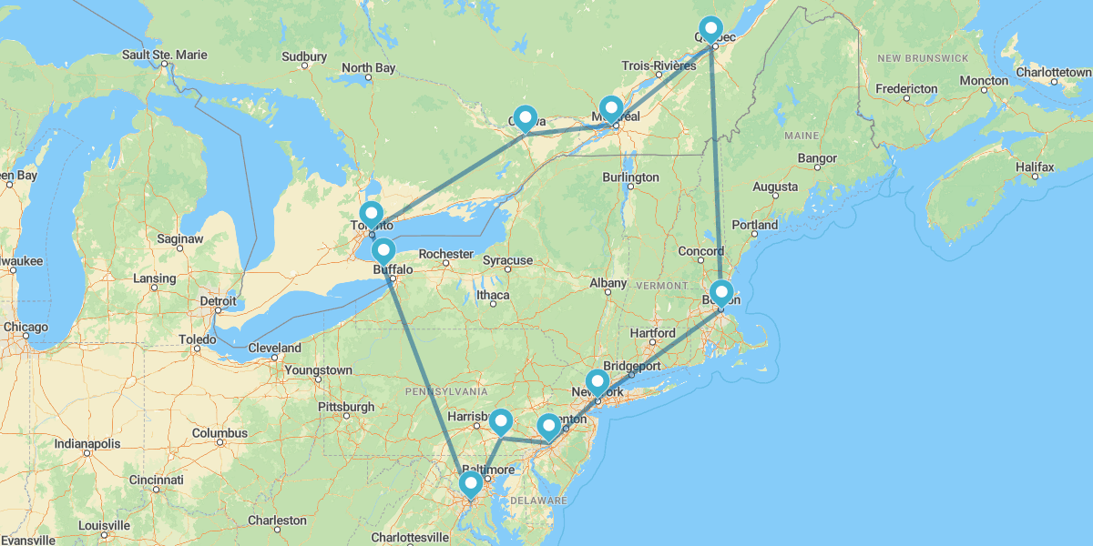 Nueva York, Boston, Quebec, Montreal, Ottawa, Toronto, Cataratas del Niágara y Washington