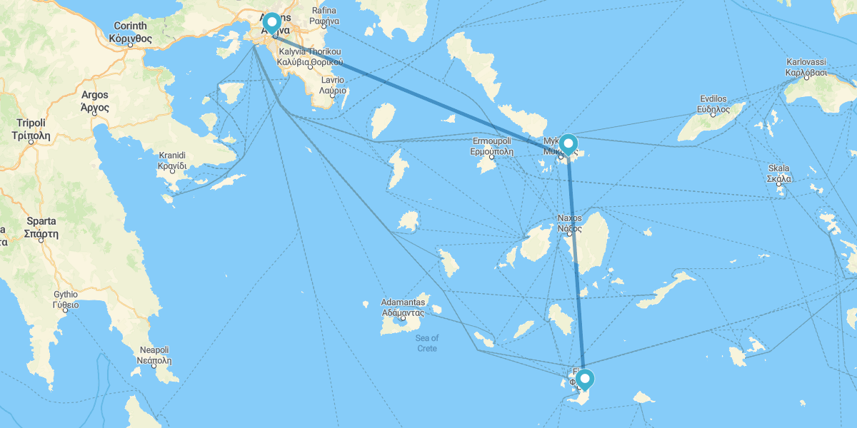 Atenas con islas Mykonos y Santorini en avión, con traslados y coche de alquiler