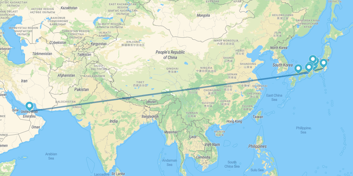 Tokio, Nagoya, Takayama, Kanazawa, Kioto, Hiroshima, Osaka y Dubái