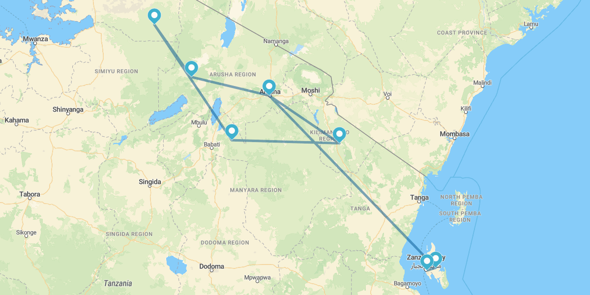 Arusha, Kilimanjaro, Tarangire, Serengeti y Ngorongoro con Zanzíbar