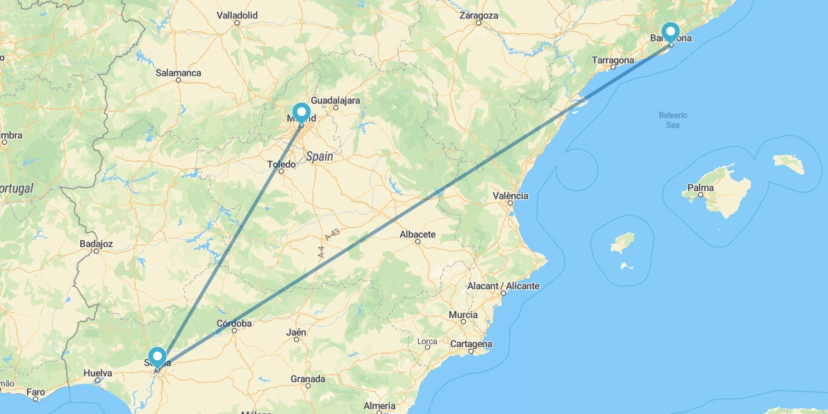 Madrid, Sevilla y Barcelona en avión