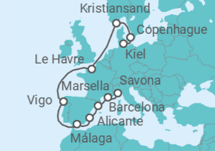 Itinerario del Crucero Dinamarca, Francia, España - Costa Cruceros
