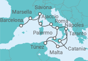 Itinerario del Crucero desde Catania (Sicilia) a Barcelona (España) - Costa Cruceros