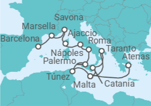 Itinerario del Crucero desde Atenas (Grecia) a Barcelona (España) - Costa Cruceros
