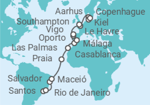 Itinerario del Crucero desde Santos (Sao Paulo) a Copenhague (Dinamarca) - Costa Cruceros