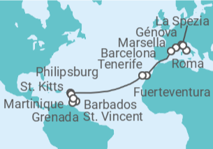 Itinerario del Crucero desde Génova (Italia) a Fort de France (Martinica)  - MSC Cruceros