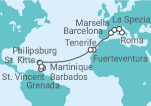 Itinerario del Crucero desde Civitavecchia (Roma) a Fort de France (Martinica)  - MSC Cruceros
