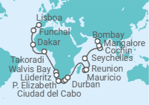 Itinerario del Crucero desde Lisboa a Bombay (India) - Silversea
