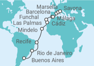 Itinerario del Crucero desde Buenos Aires (Argentina) a Savona (Italia) - Costa Cruceros