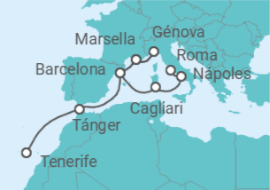 Itinerario del Crucero desde Santa Cruz de Tenerife  a Civitavecchia (Roma) - Costa Cruceros