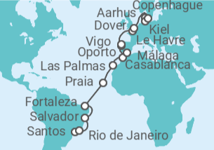 Itinerario del Crucero desde Santos (Sao Paulo) a Copenhague (Dinamarca) - Costa Cruceros