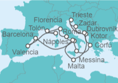 Itinerario del Crucero Italia, Francia, España, Grecia, Montenegro, Croacia, Malta - Cunard