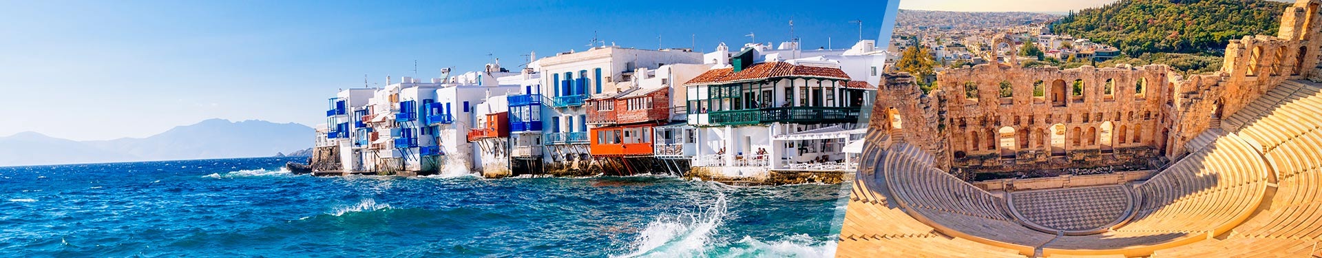 Atenas y isla de Mykonos en avión, con traslados y coche de alquiler