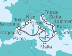 Itinerario del Crucero Italia, Grecia, Montenegro, Croacia, Malta, España, Francia - Cunard