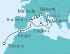 Itinerario del Crucero desde Santa Cruz de Tenerife  a Civitavecchia (Roma) - Costa Cruceros